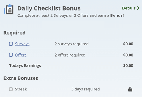ySense Daily Checklist Bonus progress