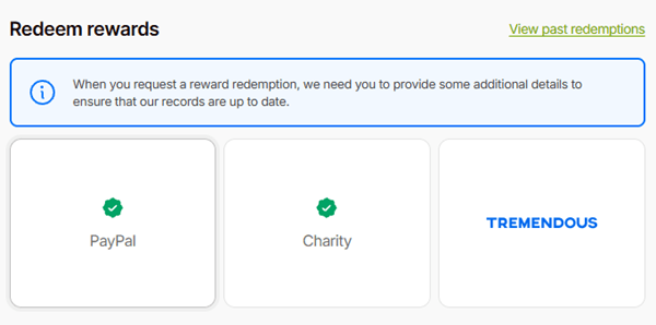Points2Shop payout options: PayPal and Tremendous