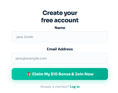 Opinion Inn sign-up form with the $10 bonus