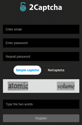 2Captcha registration form