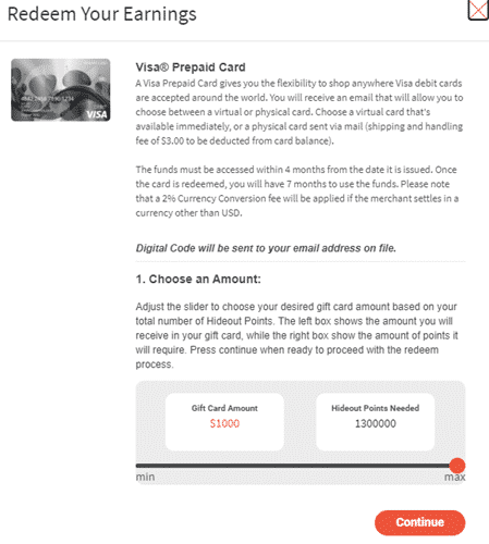 HideoutTV prepaid Visa reward