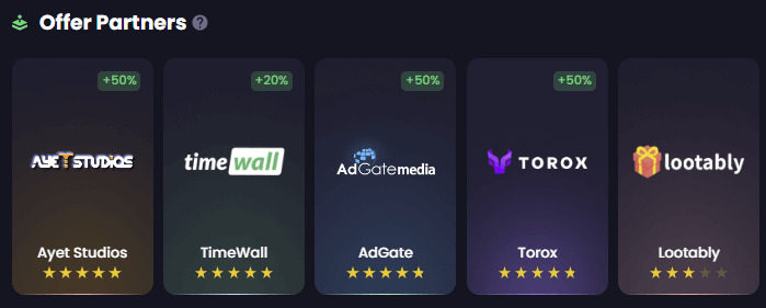Offerwall partners on Freecash