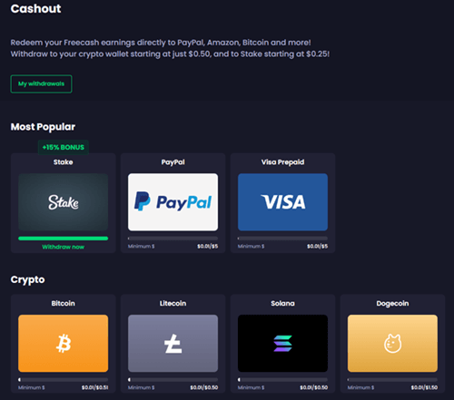 Freecash payout options screen