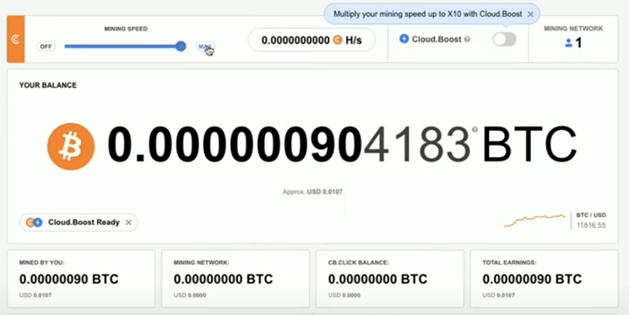 Mining speed settings in CryptoTab