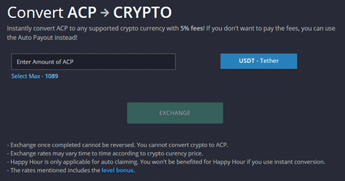 Converting ACP to crypto on Fire Faucet