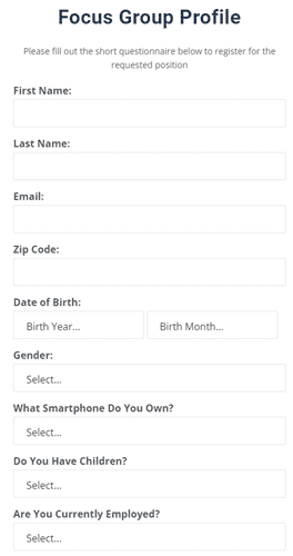 Apex Focus Group sign-up form