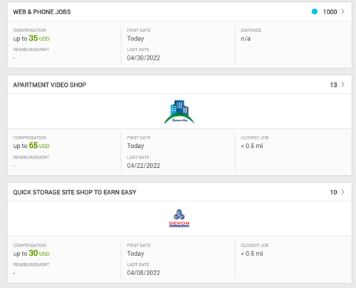 Jobs on GigSpot with the reward and distance