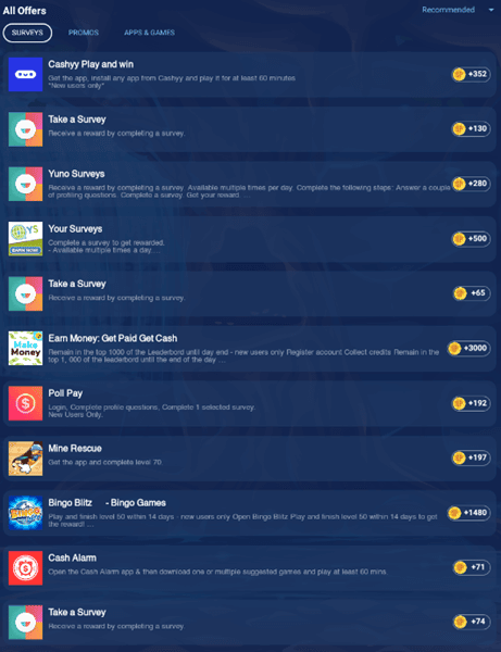 Paid offers in the Survey Pirate app
