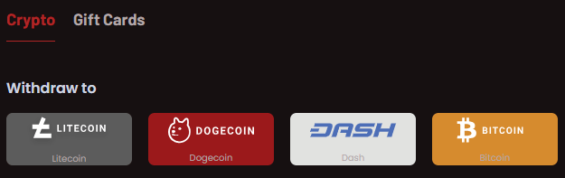 RedMonkey cashout options: crypto and gift cards