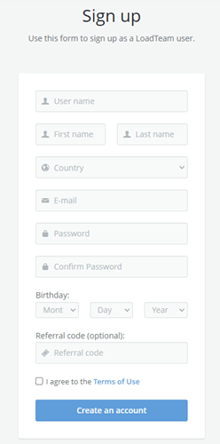 LoadTeam sign-up form
