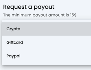 EarnFM payout methods: PayPal, crypto and gift cards