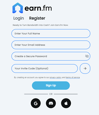 Signing up for EarnFM