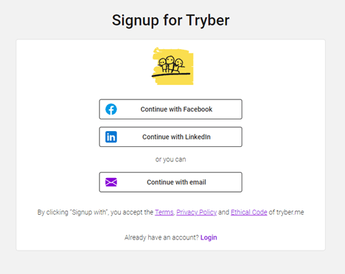Tryber sign-up options