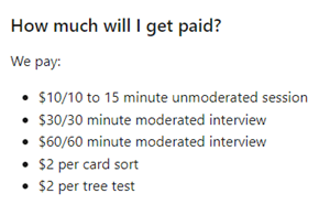 PlaybookUX pay rates by test type