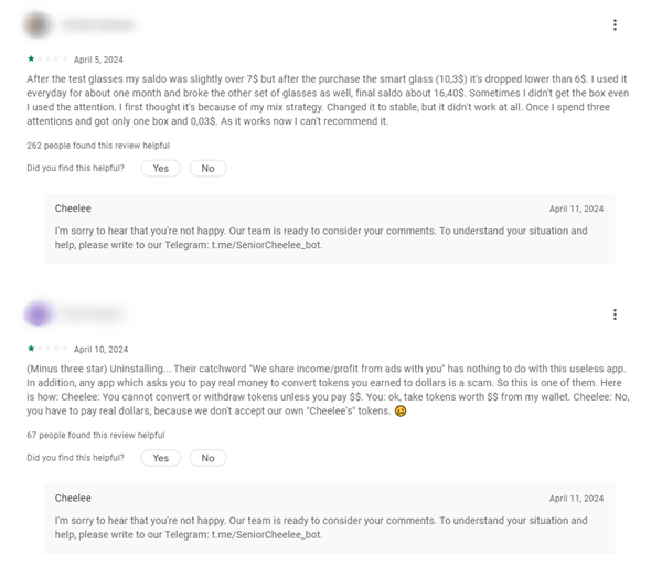 Complaints about Cheelee withdrawals on Google Play