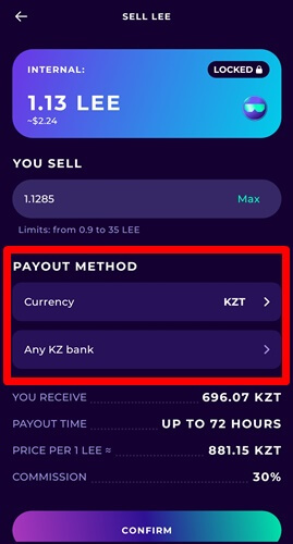 Cheelee payout method in KZT