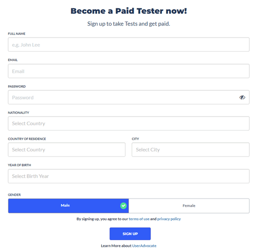 The UserAdvocate registration form