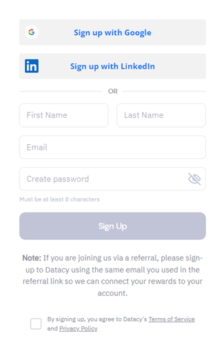 Signing up for Datacy with Google or LinkedIn