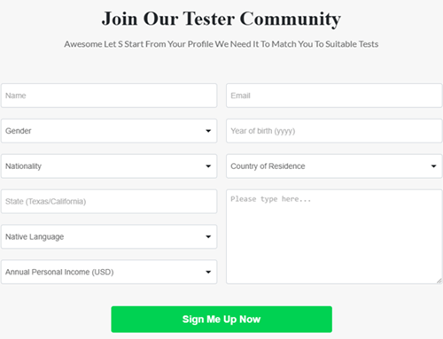UXTesting registration form