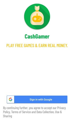 CashGamer sign-up with a Google account