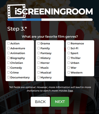 Choosing movie categories on iScreeningRoom
