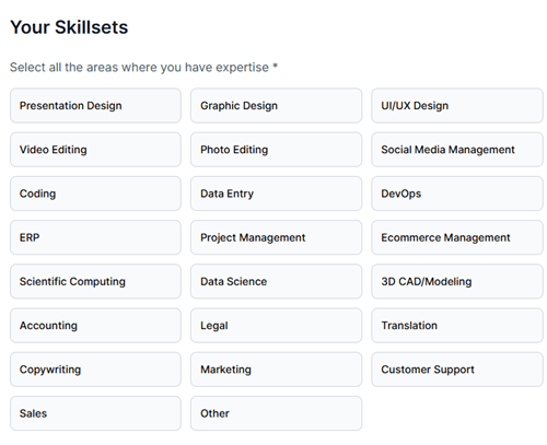Skills you select on Postwork