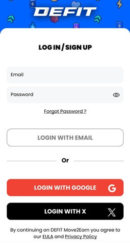 Signing up for DEFIT with Google or X