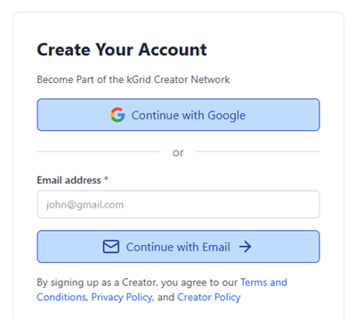 kGrid sign-up page