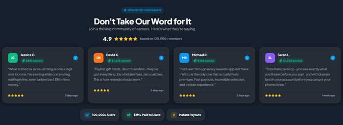 Earnings testimonials on the Wicto homepage