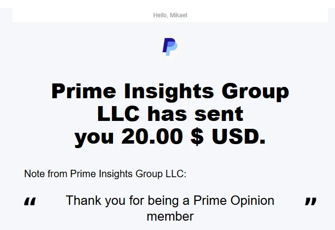 PayPal payment from Prime Opinion to Mikael