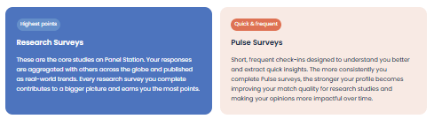 The Panel Station describes its two survey types: Research surveys that earn the most points, and short Pulse surveys